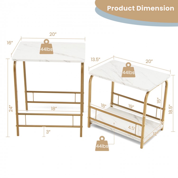 Faux marble nesting tables with gold powder-coated steel, ideal for small spaces and versatile use as side tables.